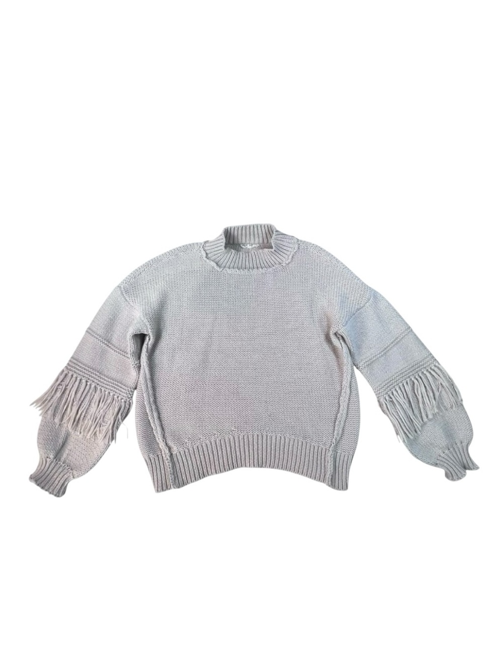 New In Cream Chunky Knit Fringe Sleeve Mock Neck Sweater Balloon Sleeve Size L